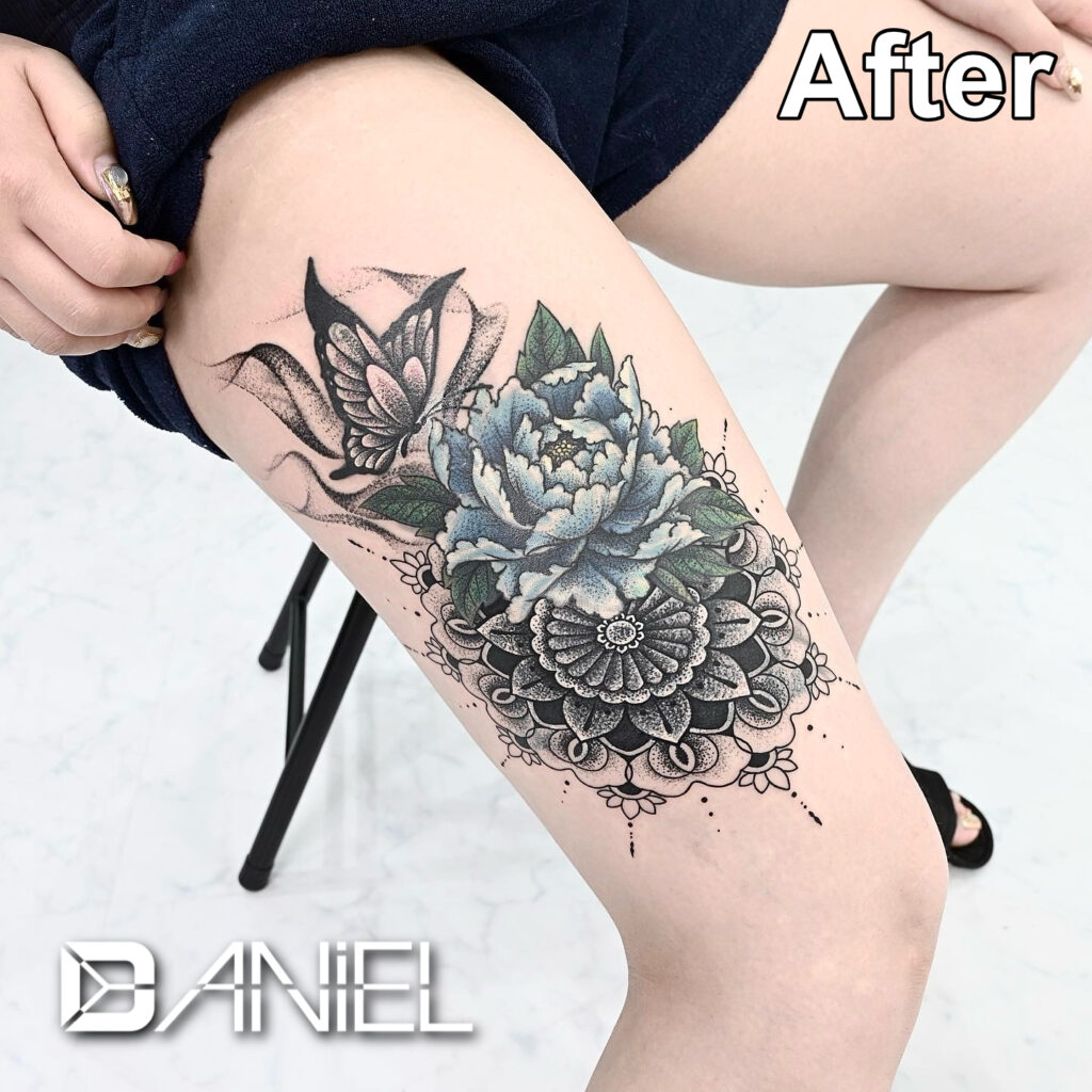 cover up tattoo butterfly peony mandala Daniel after