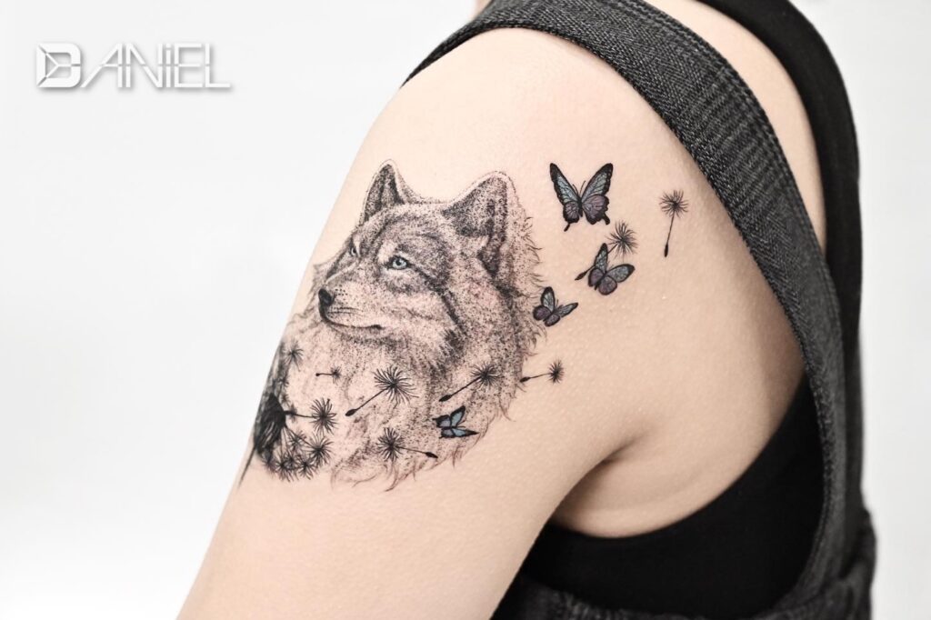 wolf dandelion butterfly tattoo Daniel 04