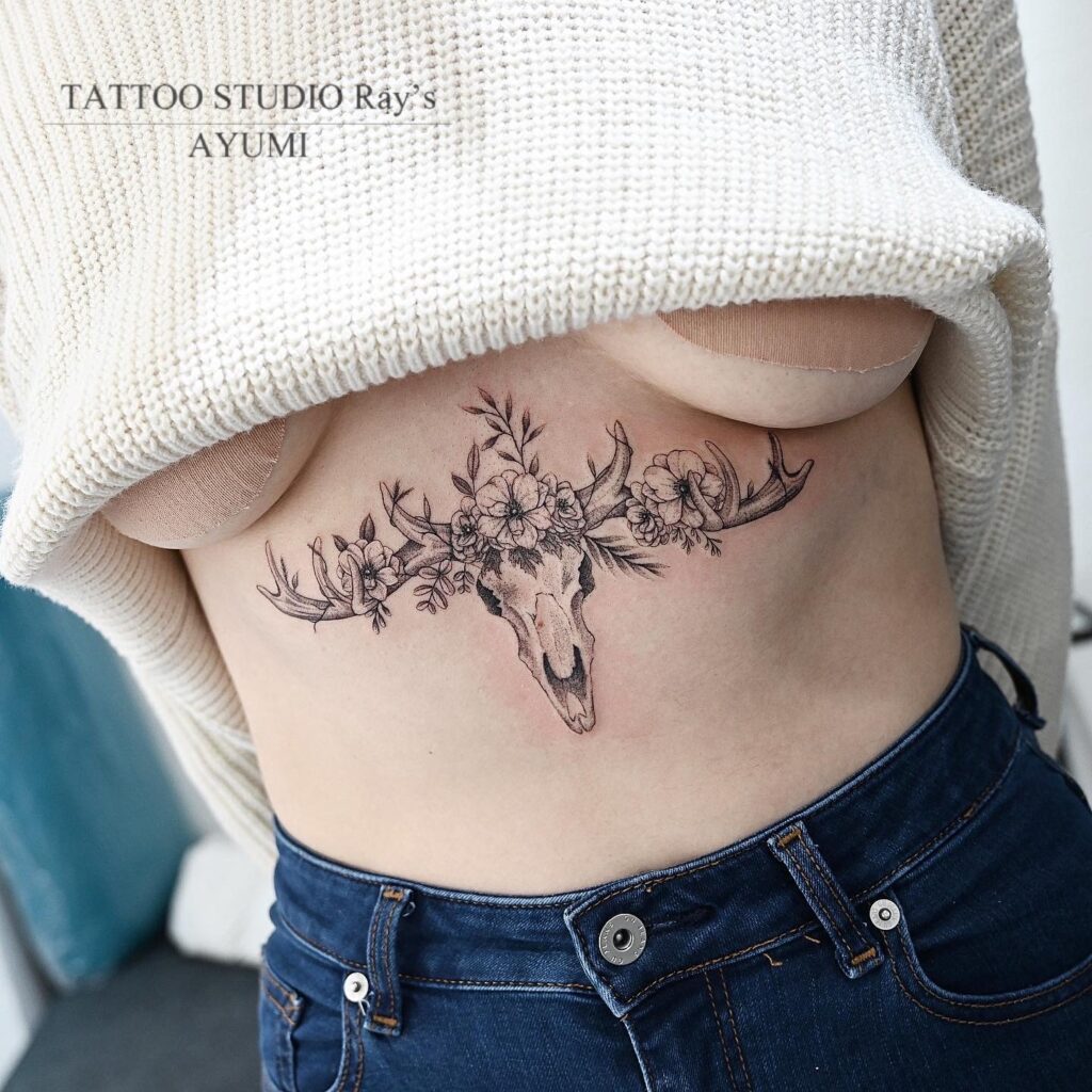 deer skull flower tattoo AYUMI