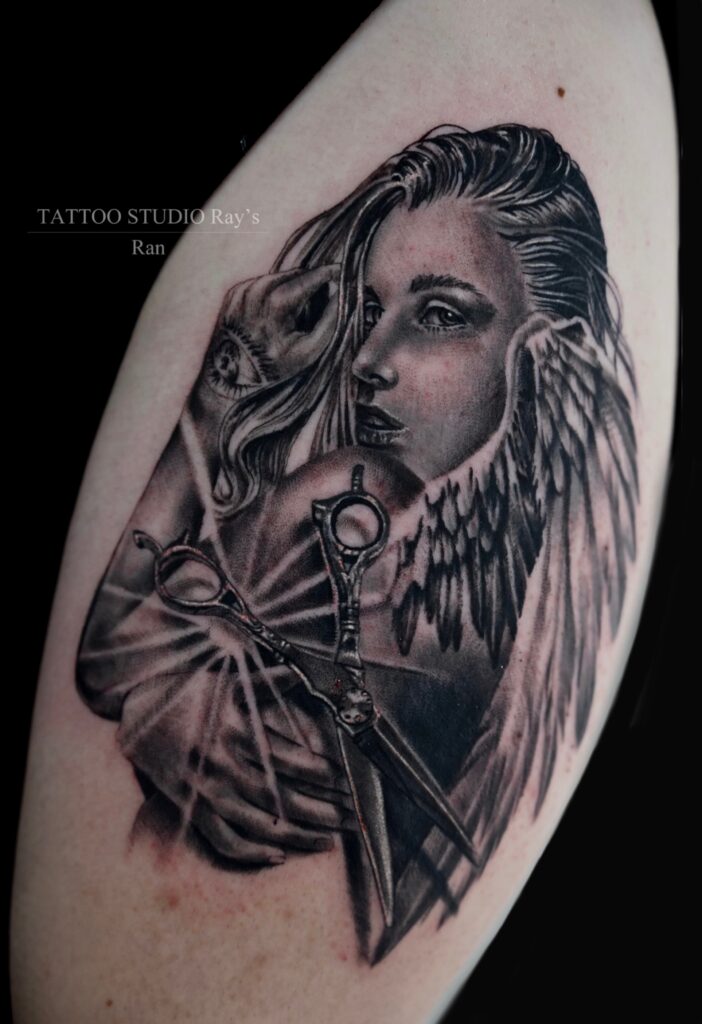 angel scissors portrait tattoo Ran